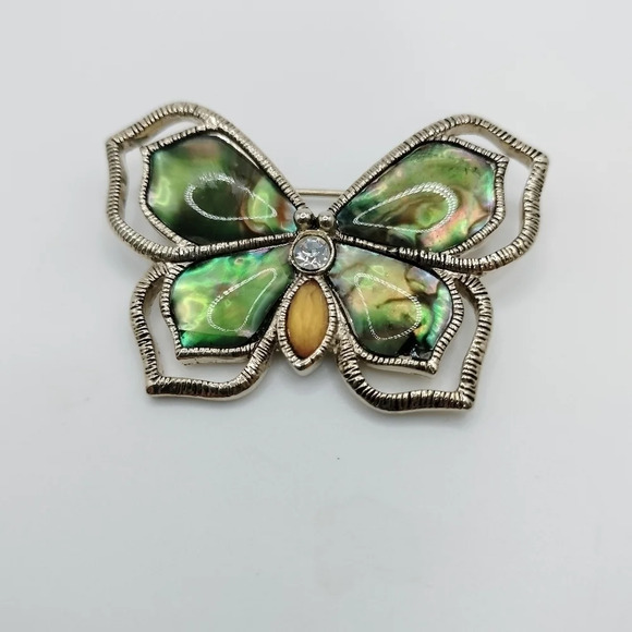 LIZ CLAIBORNE GEM BUTTERFLY PIN BROOCH GOLD TONE IRIDESCENT COLOR WINGS - Picture 7 of 7